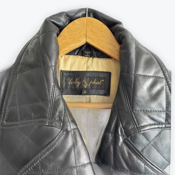 Quilted Black Leather Trench Coat Y2K Baby Phat long black jacket Kimora Lee - Picture 3 of 16